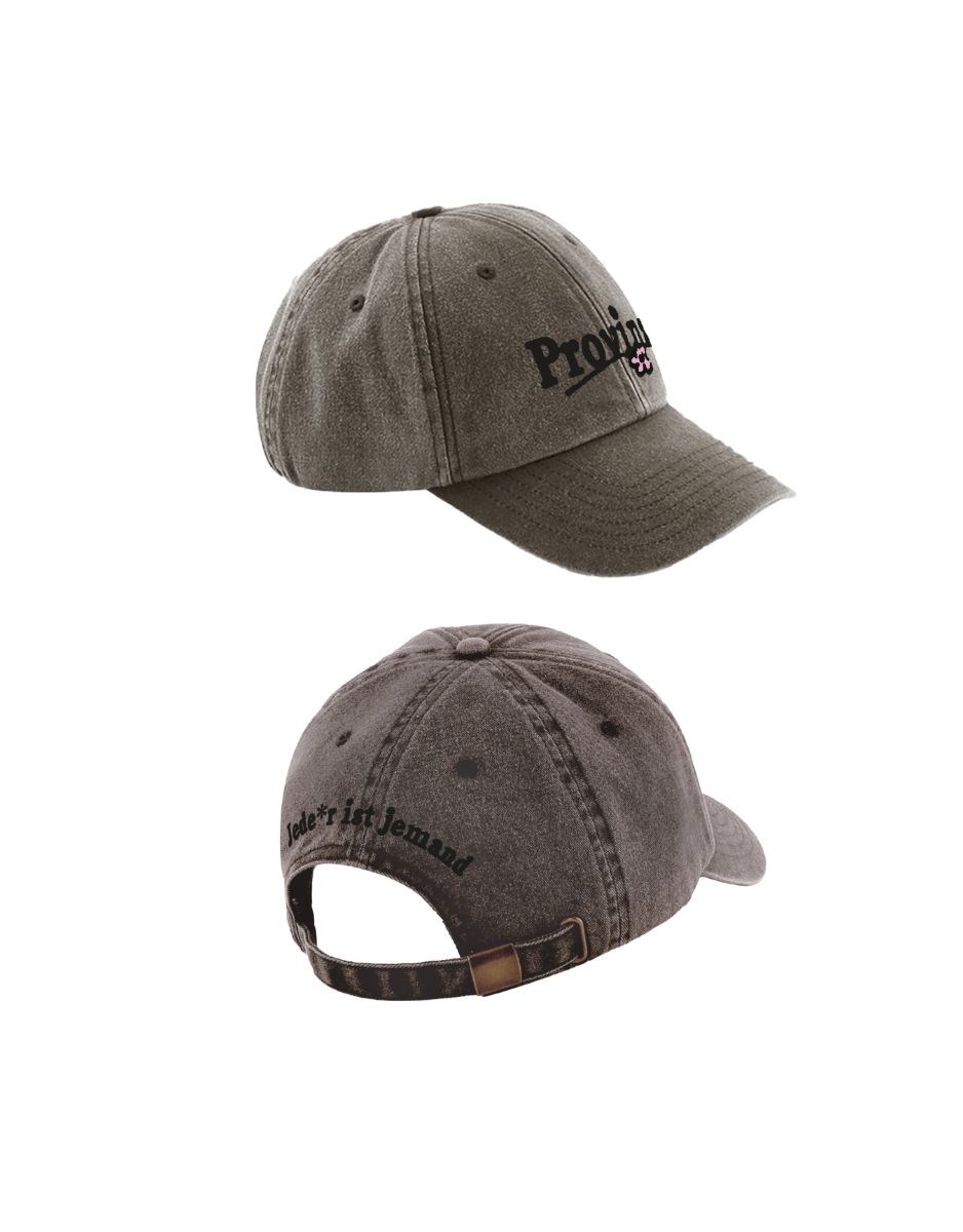Dunkelgraue Provinz Baseball-Cap im Washed-Look, Ansicht von vorne und hinten.