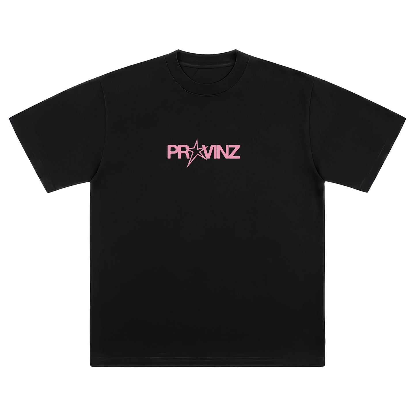 Vorderseite eines schwarzen T-Shirts mit mittigem rosa Brustaufdruck „PROVINZ“, wobei der Buchstabe „O“ als fünfzackiger Stern gestaltet ist.